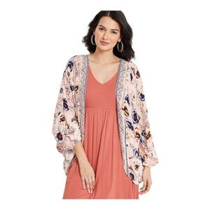 Maurices L/XL Floral Kimono Cardigan Boho Blush Pink Flowy Open Front Duster